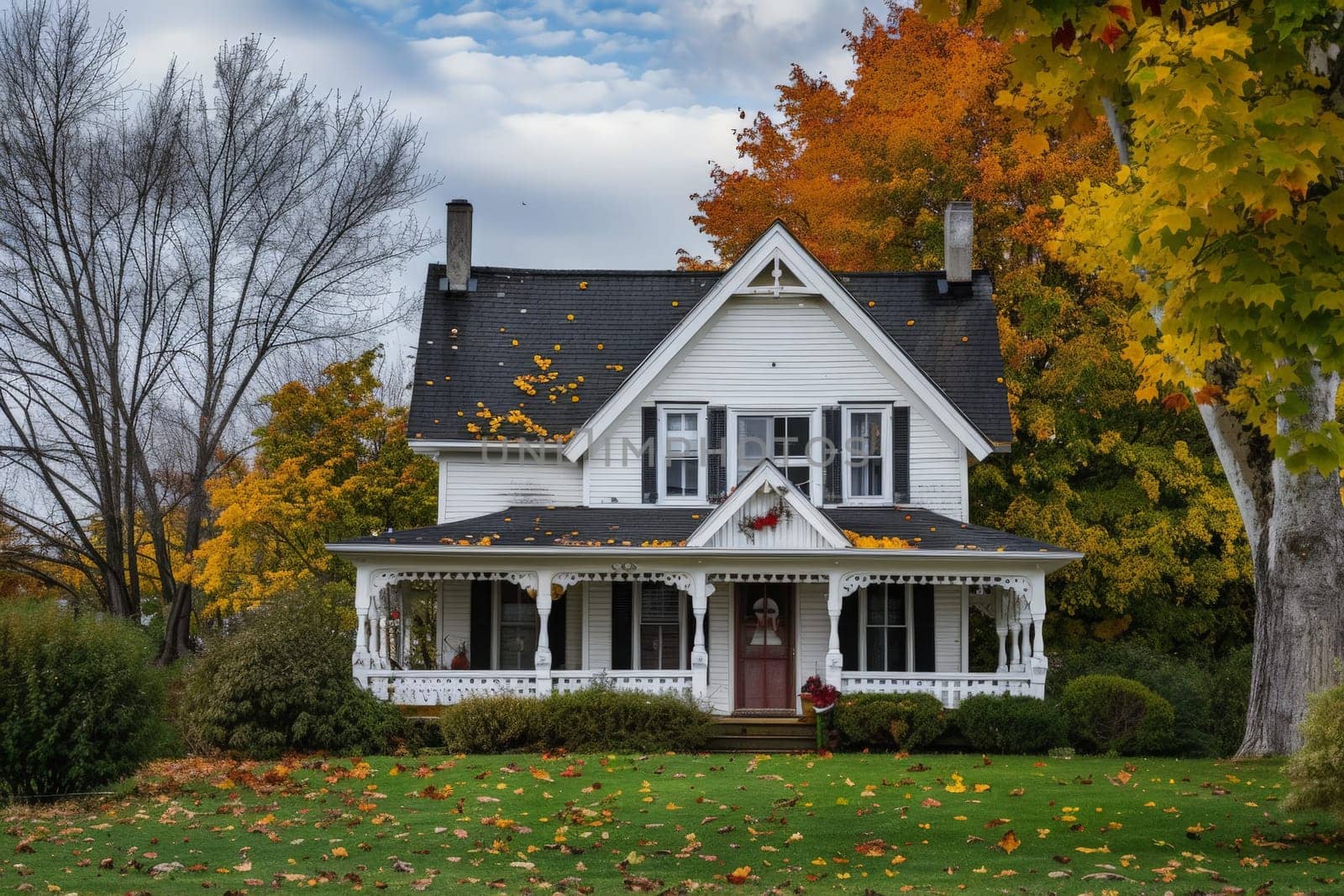 A charming white house with a sleek black roof stands among a lush forest of trees, creating a picturesque and serene setting.