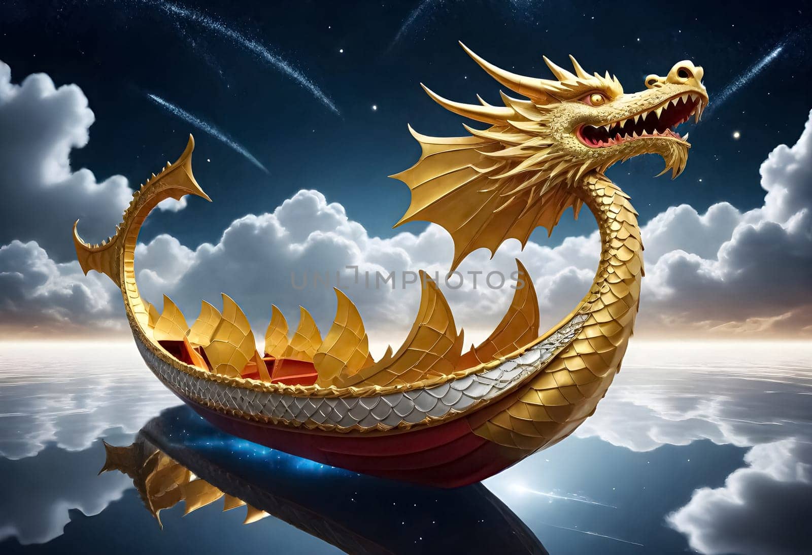 AI generated of golden dragon boat floating in the water with stars