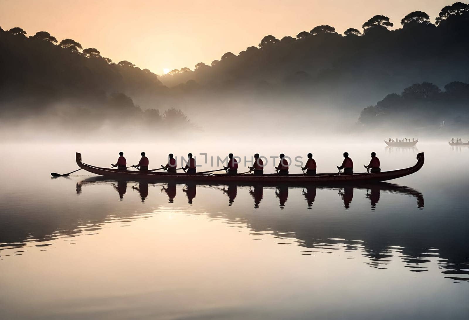AI generated a group of people rowing a dragon boat on a lake with the sun setting behind them