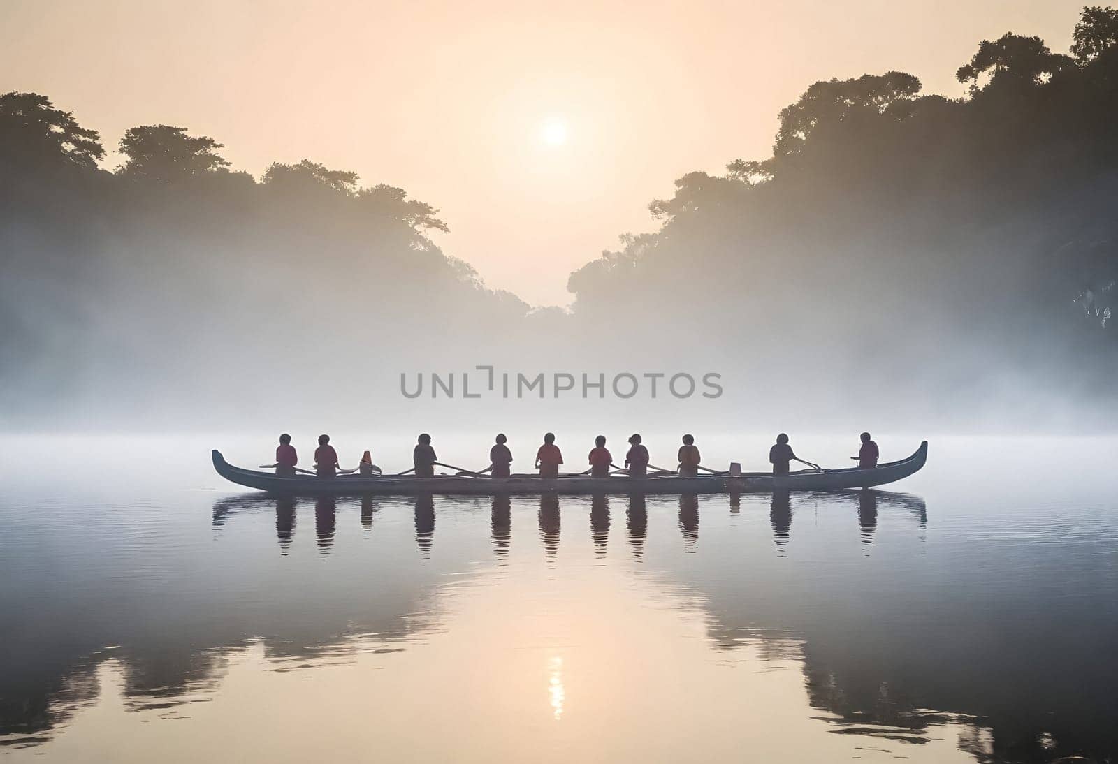 AI generated a group of people are rowing a boat on a lake