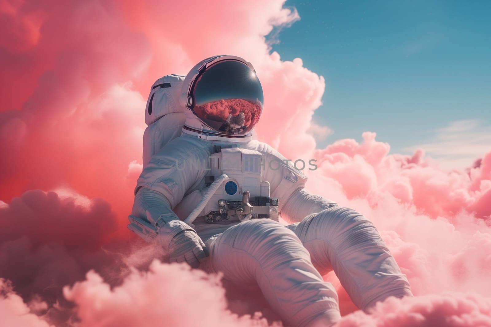 Astronaut wearing a spacesuit surrounded by clouds, travel to a new galaxy, planet earth from the space, exploration of the cosmos, walking on a planet