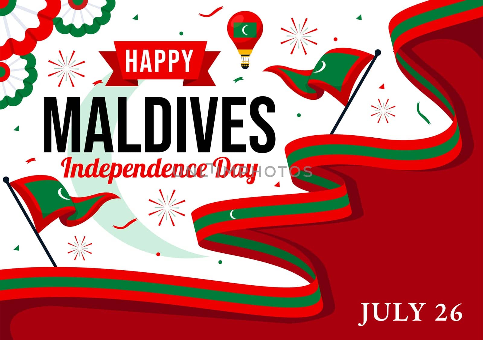 Happy Maldives Independence Day Vector Illustration on 26 July with Maldivian Wavy Flag and Ribbon in Flat Cartoon Background Design