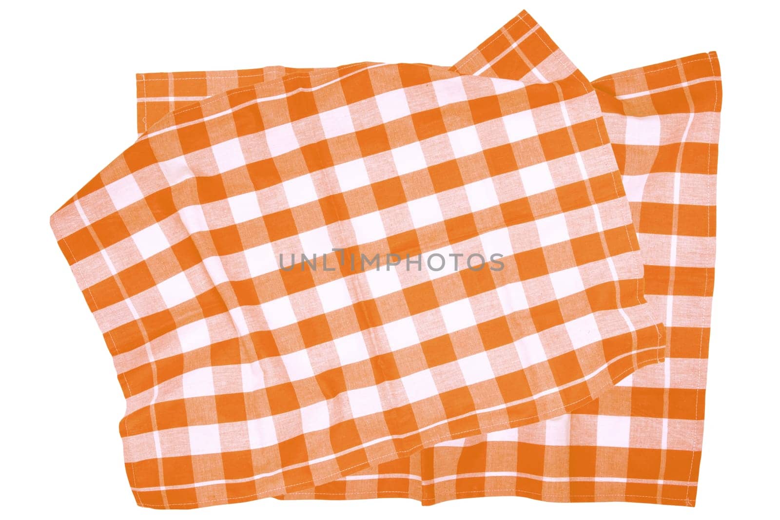Closeup of a orange and white checkered napkin or tablecloth texture isolated on white background. Kitchen accessories. Top view.