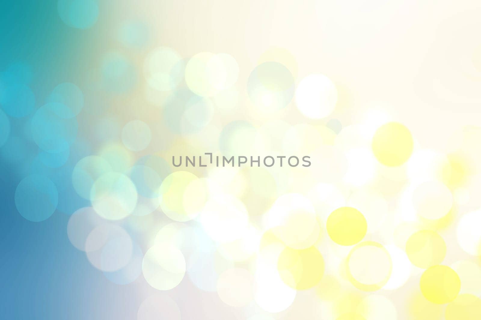 Abstract gradient light blue turquoise yellow green shiny blurred background texture with circular bokeh lights. Beautiful fresh backdrop. Space for design.