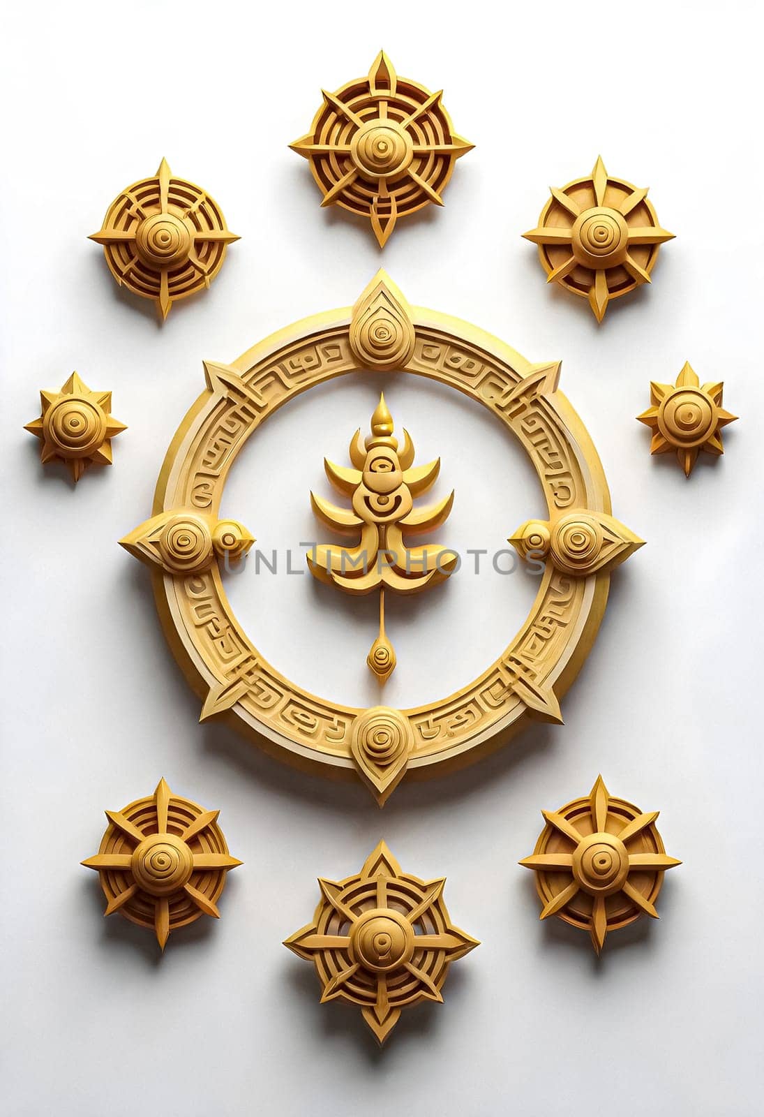 AI generated of a gold plate with the symbols of the budha gods