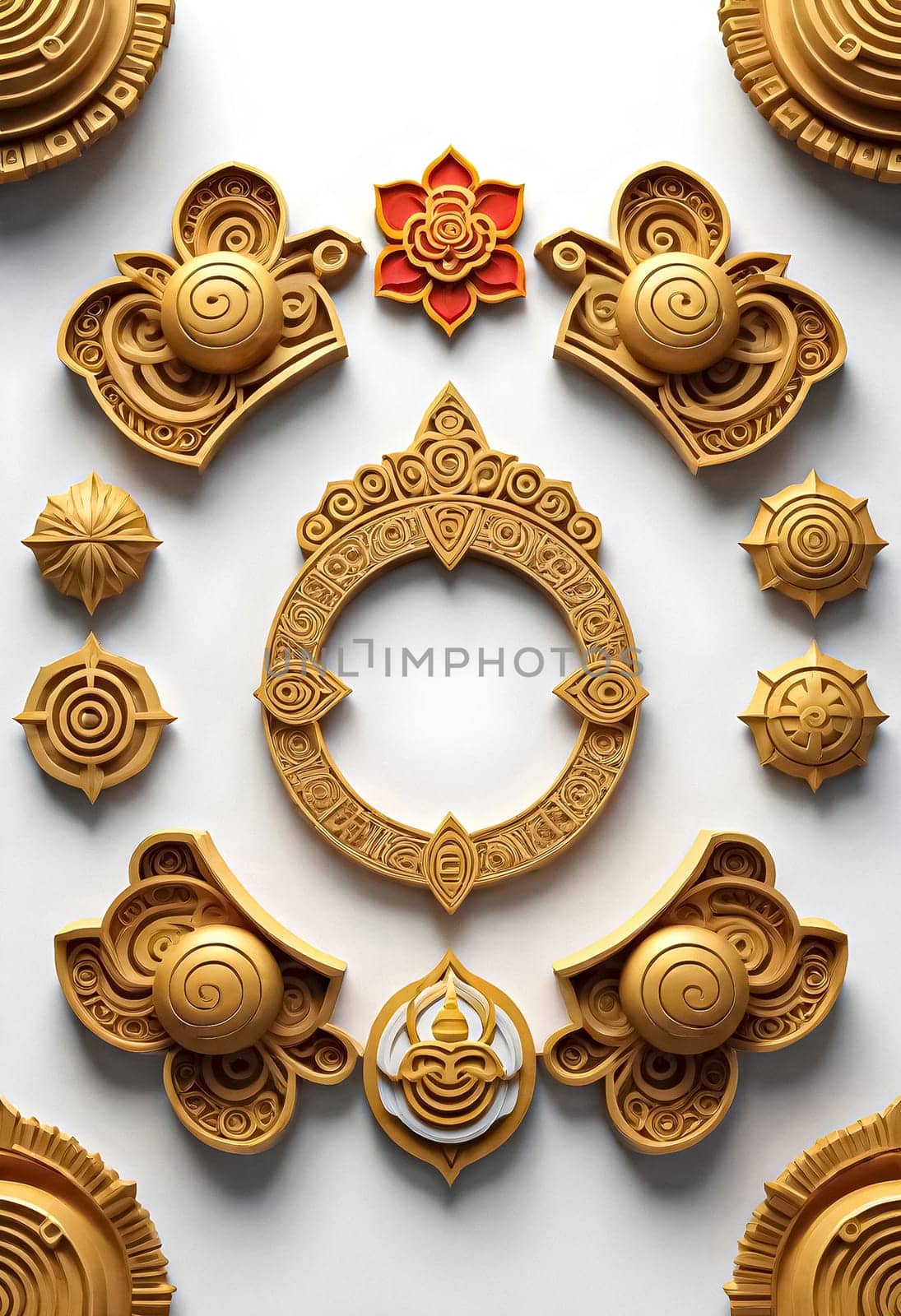 AI generated of a set of golden decorative items on a white surface