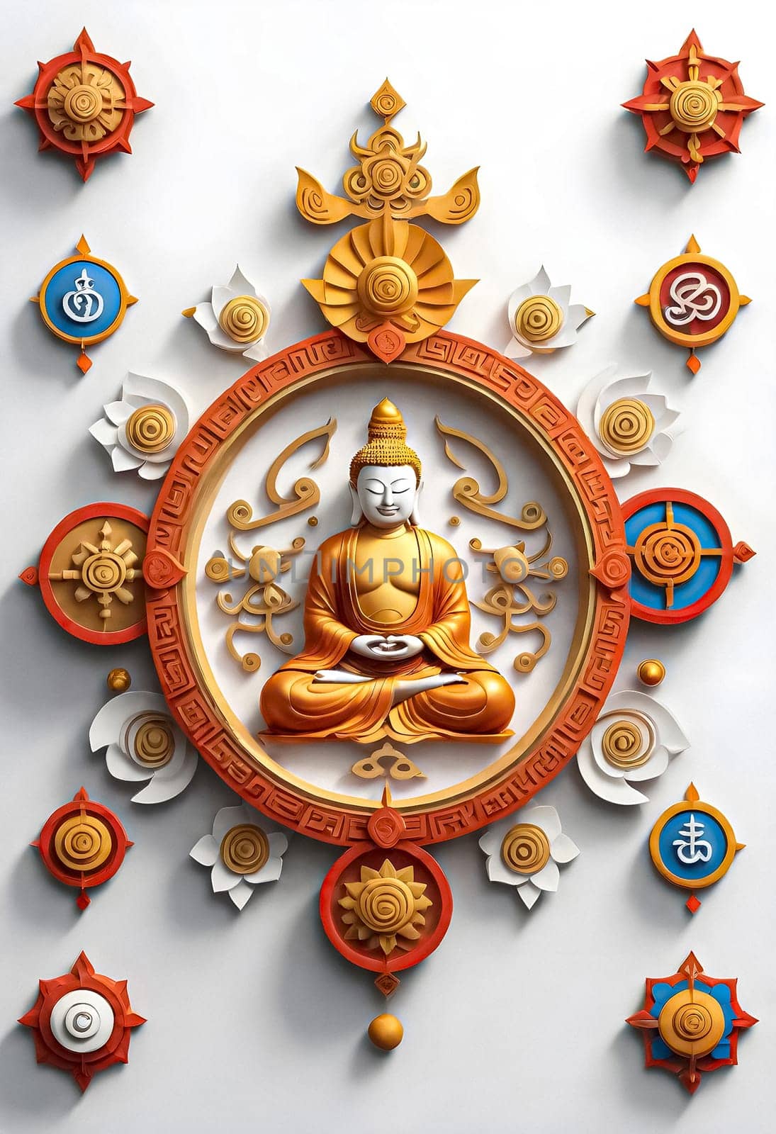 AI generated of buddha statue in the middle of a circle of decorative objects