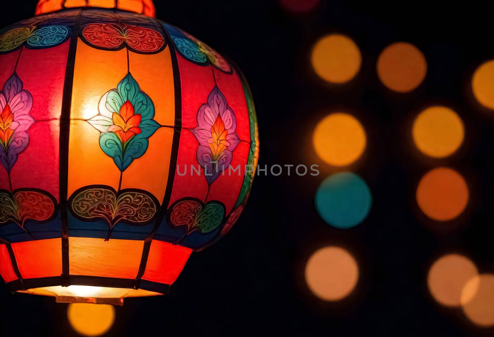 AI generated of a red and yellow lamp with a purple flower on it lit in the dark