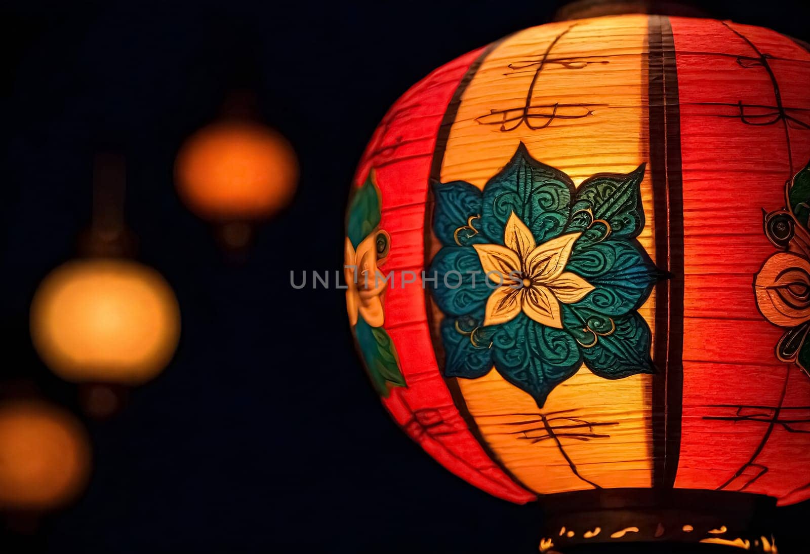 AI generated of a chinese lantern with a flower ornaments on it at night