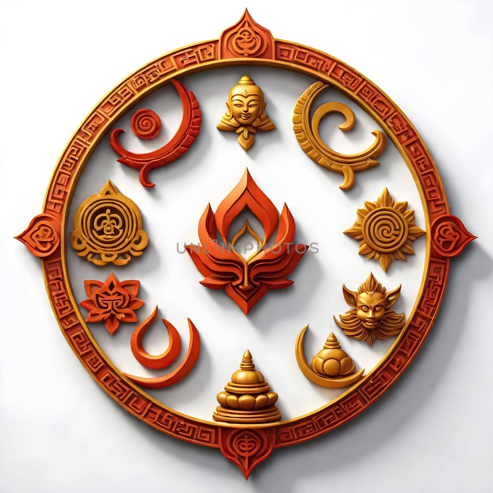AI generated of a decorative piece of art interpretation of the eight auspicious symbol of Buddhism