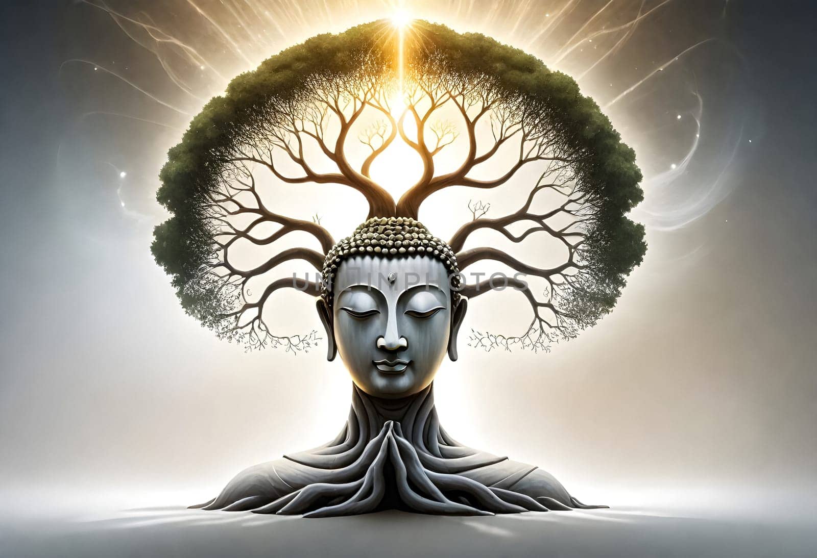 AI generated of a bodhi tree with the head of a buddha in the shape of a human head