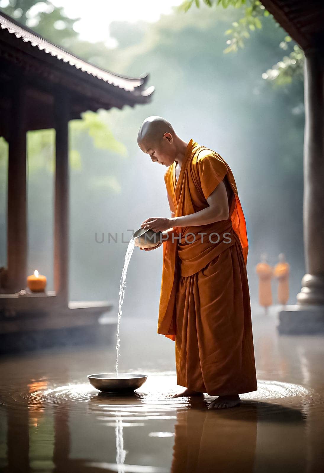 AI generated of a monk is standing and performing pouring water ceremony on vesak day into a bowl