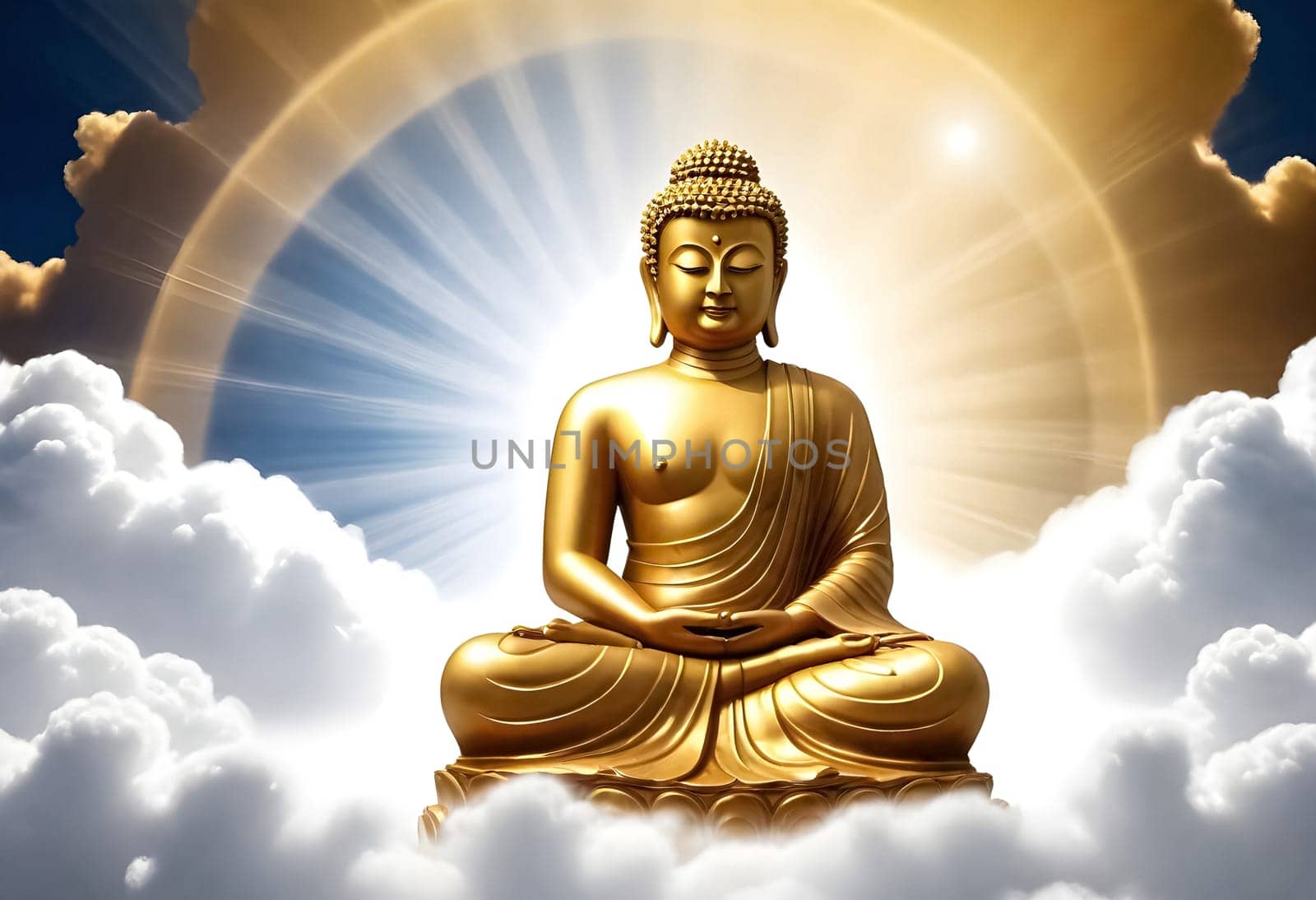 AI generated of a picture of a golden buddha statue in the clouds with the sun rays behind him