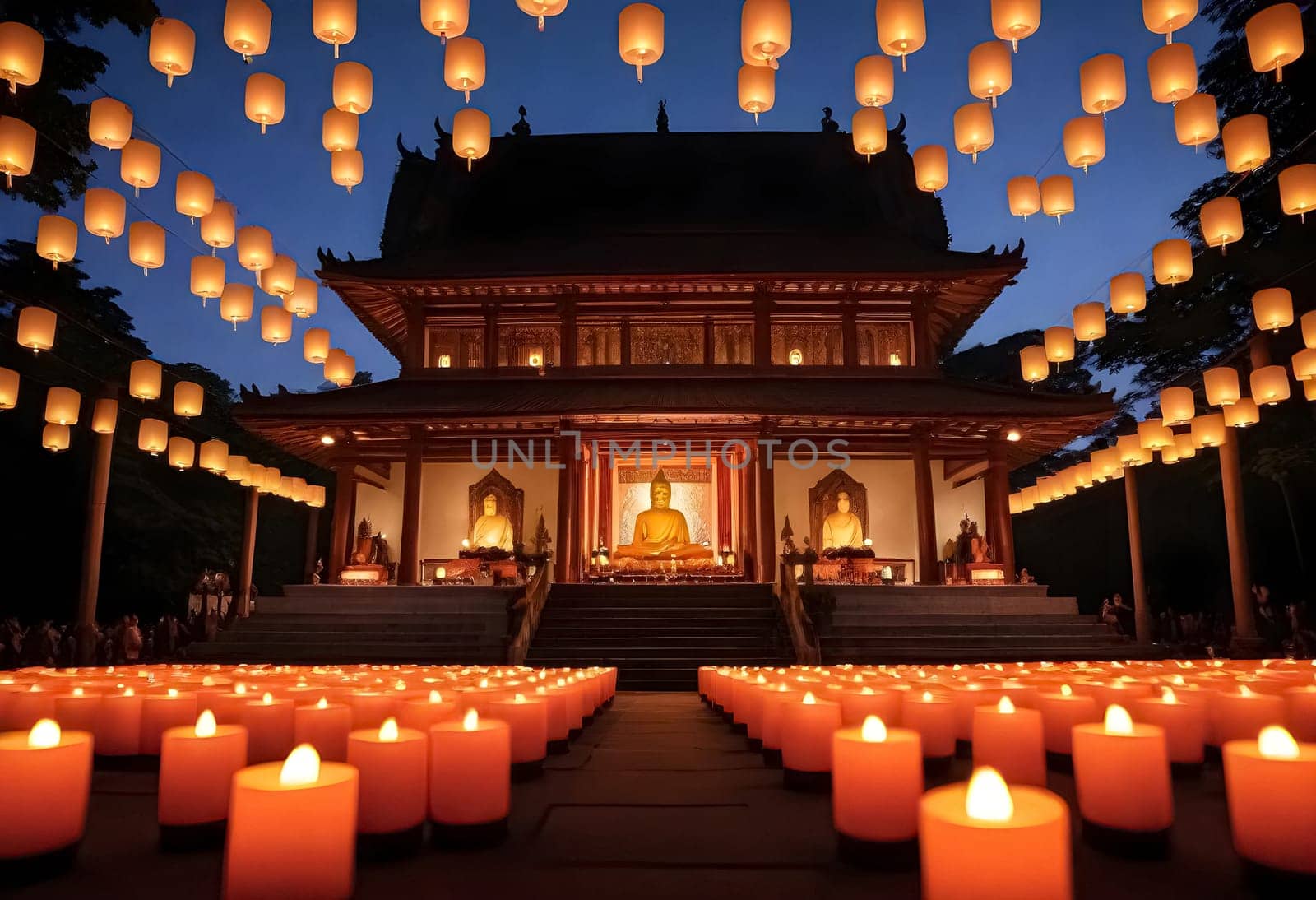 AI generated of candles are lit in front of a temple at night