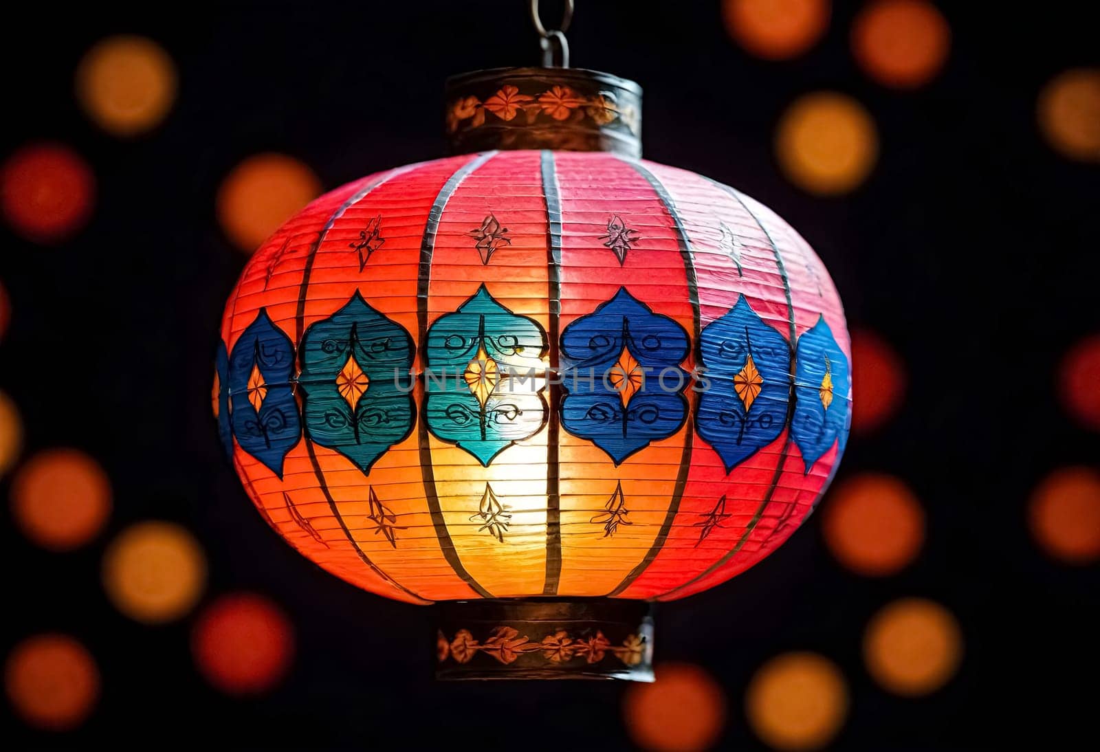 AI generated of a colorful paper lantern hanging from a string with a bokeh background