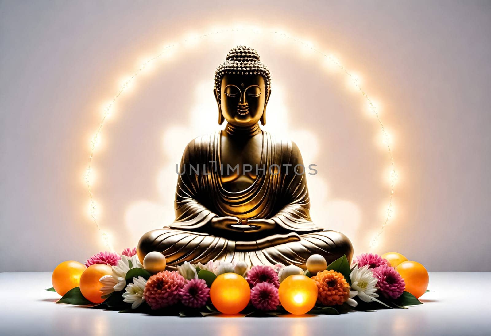 AI generated of a buddha statue with a light behind it and orange flowers in front