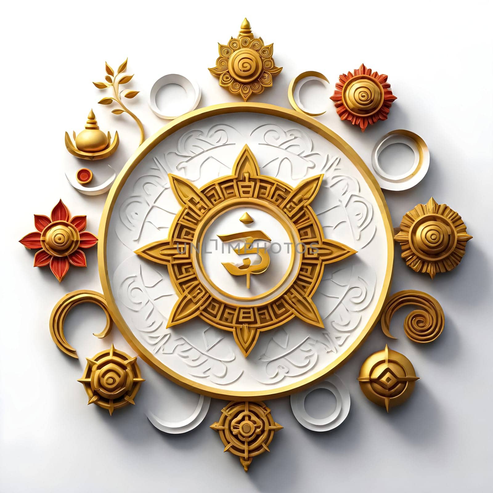 AI generated of golden buddhism symbol surrounded by flowers and other decorative elements