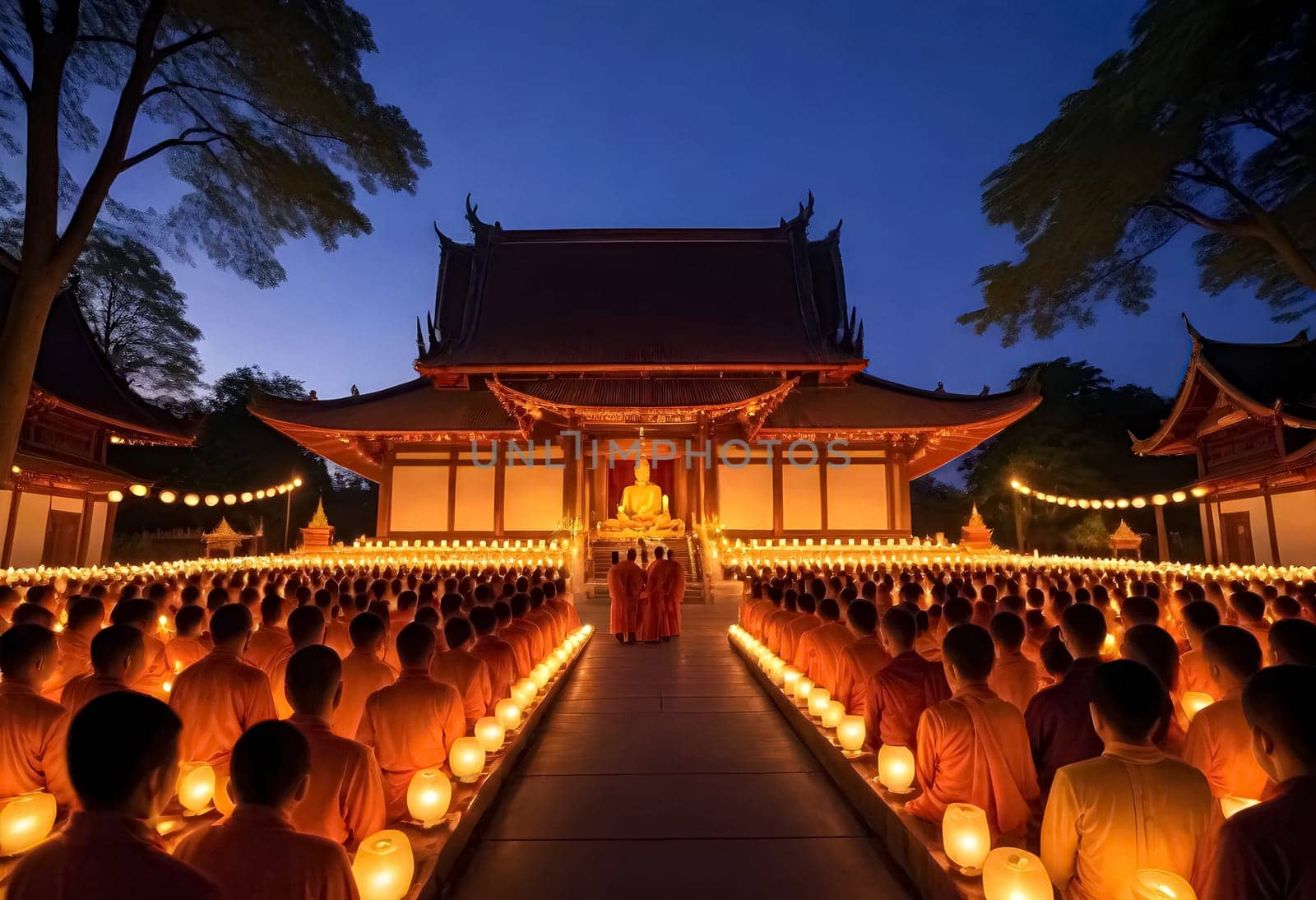 AI generated of a large group of monks are sitting in front of a temple