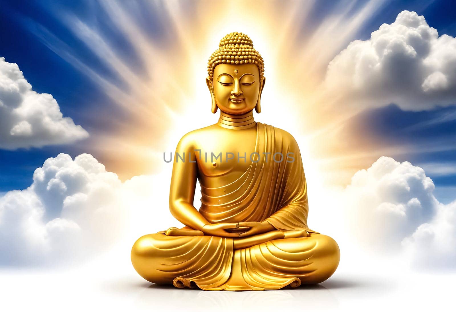 AI generated of a golden buddha statue with the sun shining behind him and clouds