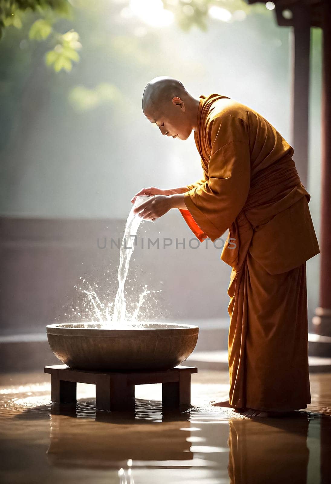 AI generated of a buddhist monk performing pouring water ceremony on vesak day into a bowl in temple