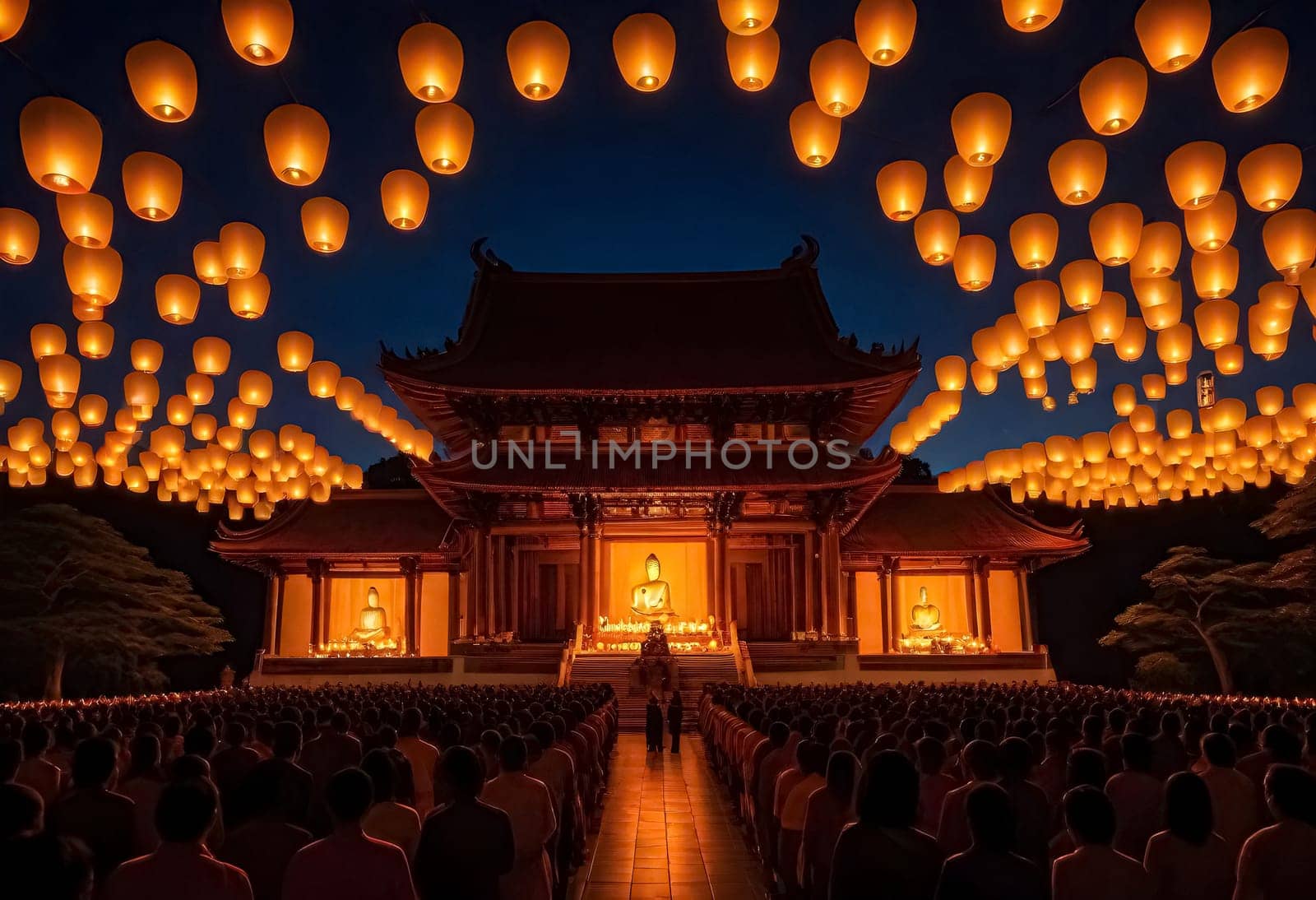 AI generated of a large crowd of people are standing in front of a building with lanterns hanging from the ceiling