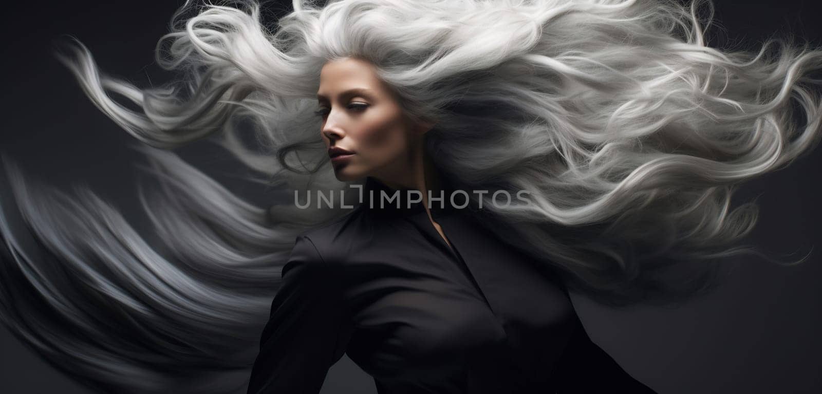 Dramatic image of a woman with swirling silver hair and a gaze that captivates.