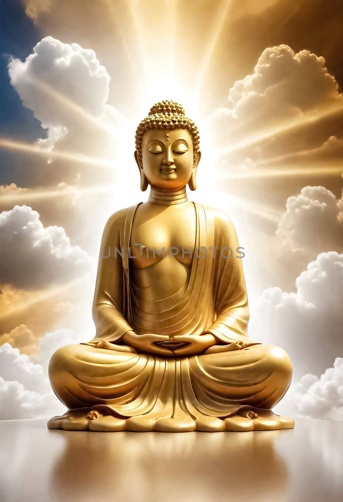 AI generated of golden buddha statue in the sky with clouds