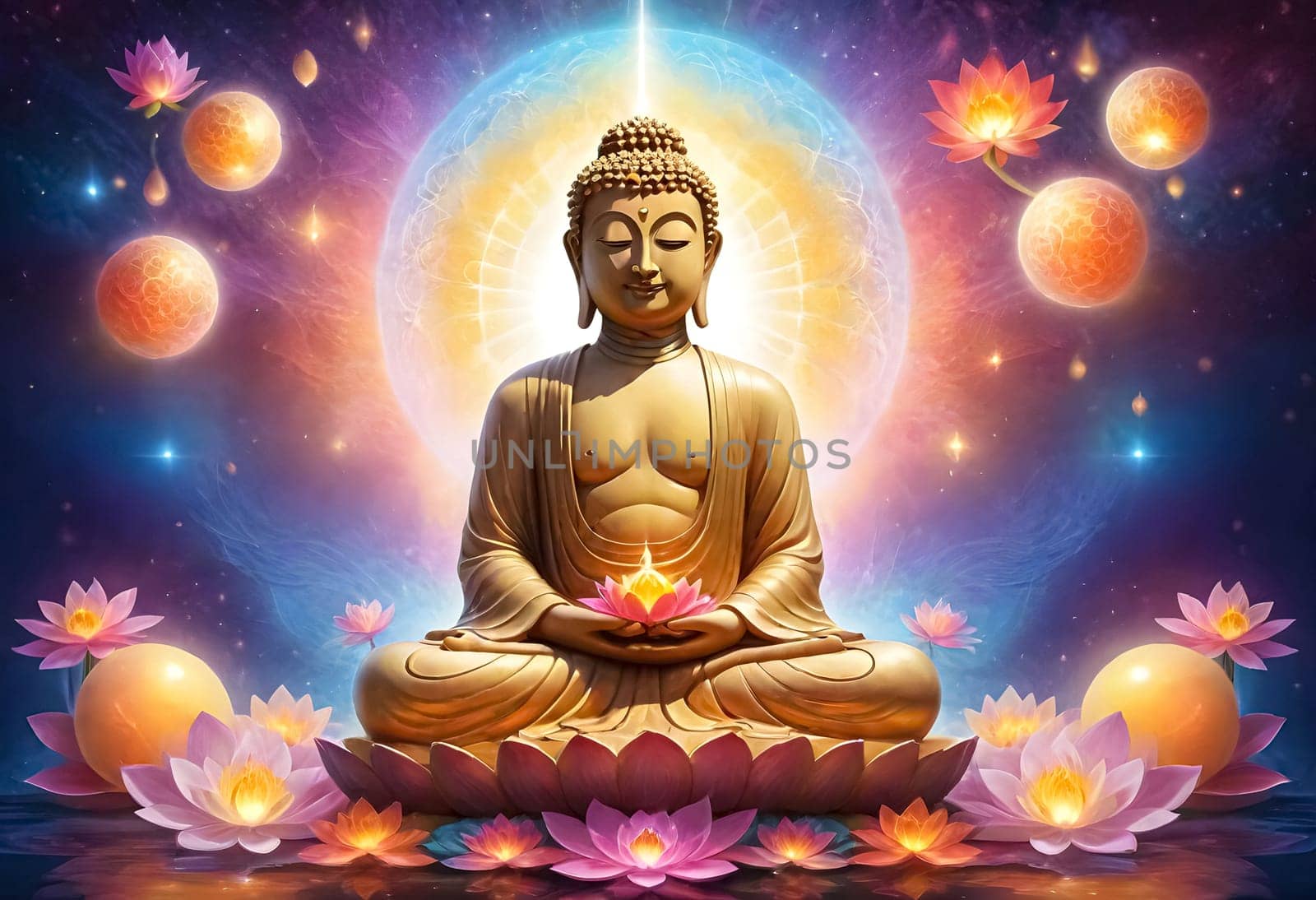 AI generated of buddha statue with lotus flowers and glowing light orbs