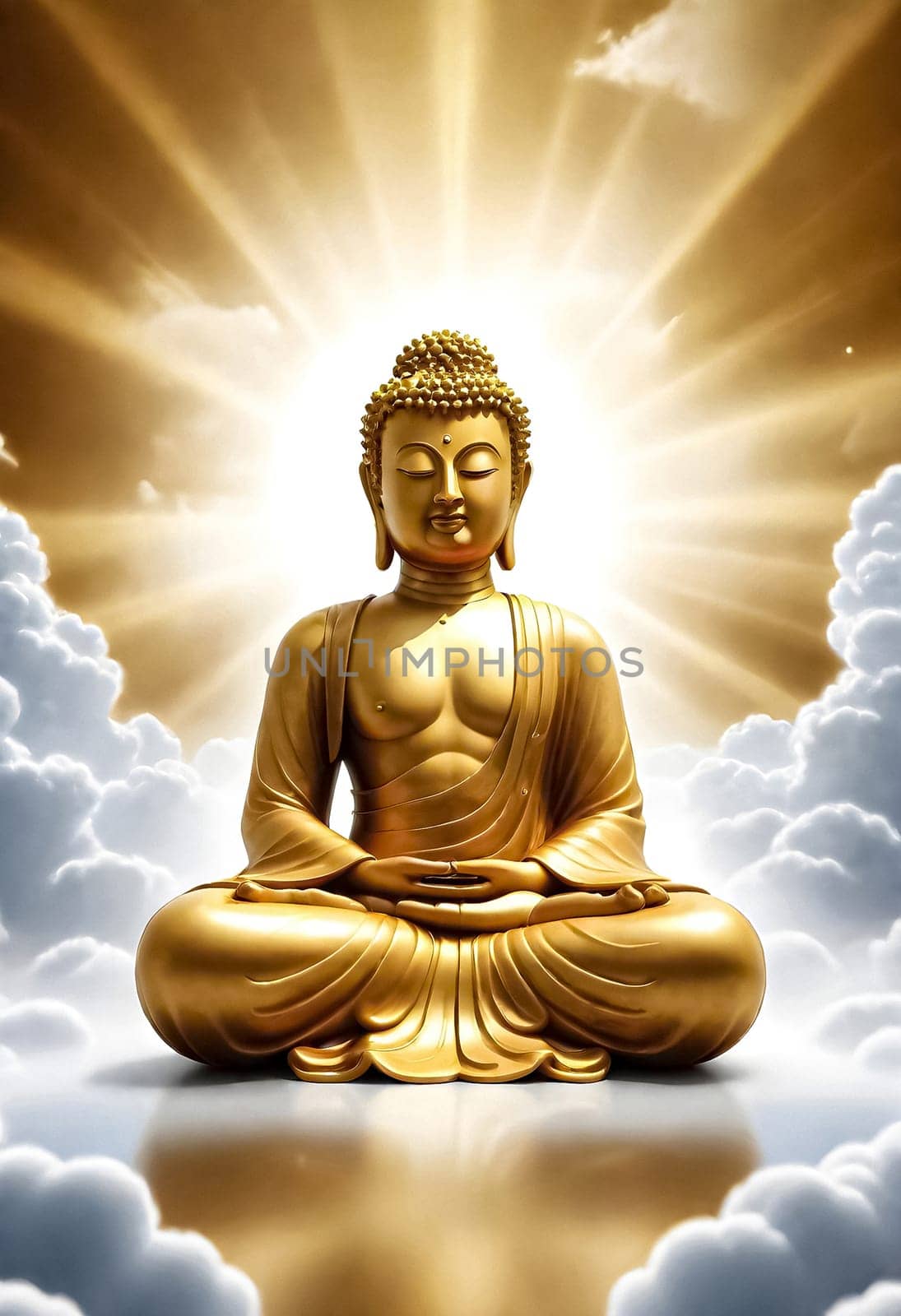 AI generated of a picture of a buddha with the sun shining and clouds behind him