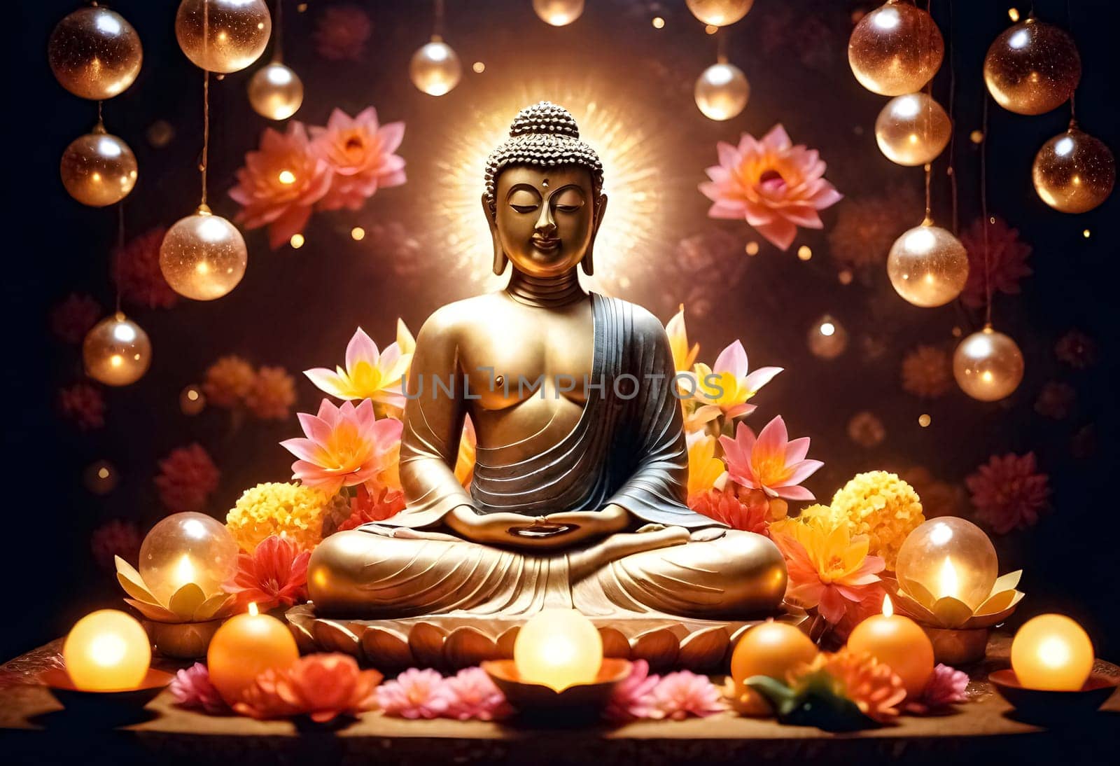 AI generated of buddha statue with candles and flowers in front of a dark background with glowing light orbs