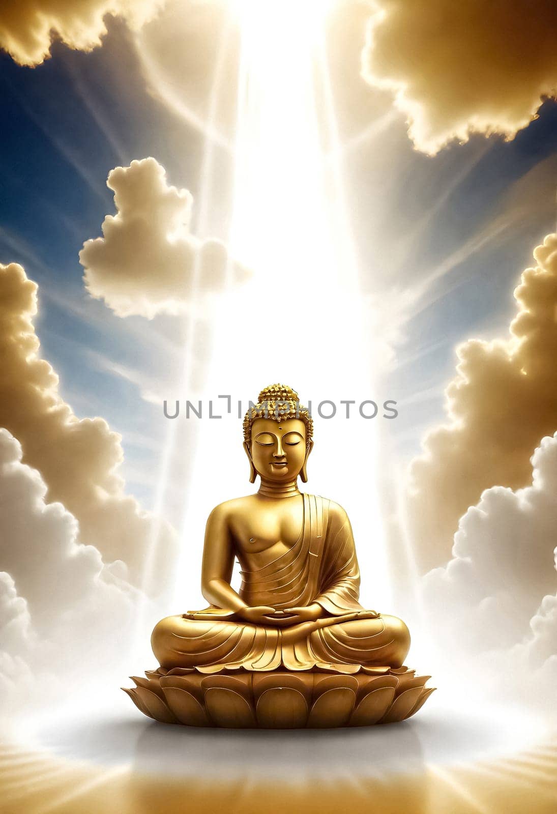AI generated of a poster of buddha statue in the sky with rays of light