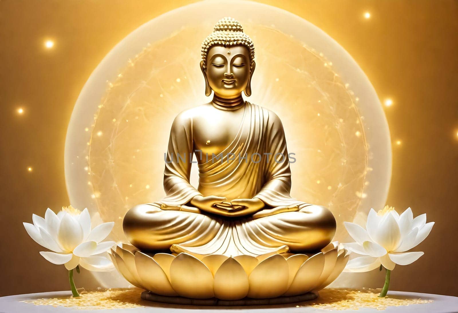AI generated of buddha statue with lotus flowers and gold background