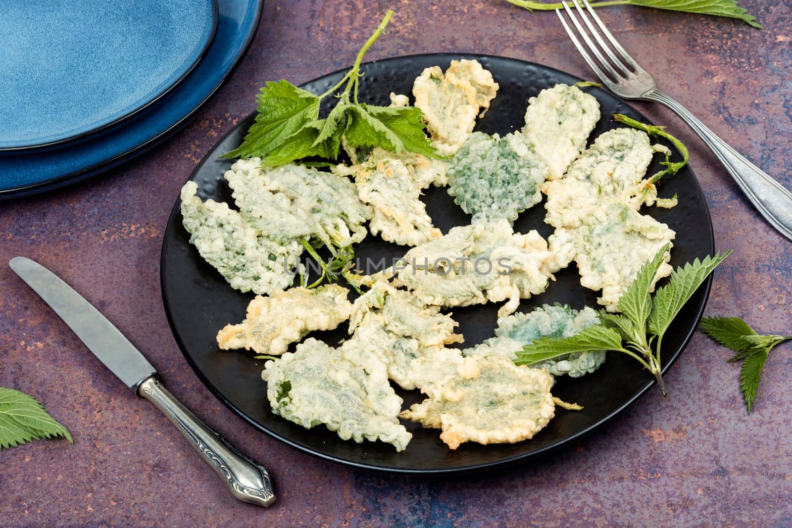 Breaded nettle or battered nettle. Spring greens appetizer. German cuisine. Copy space.
