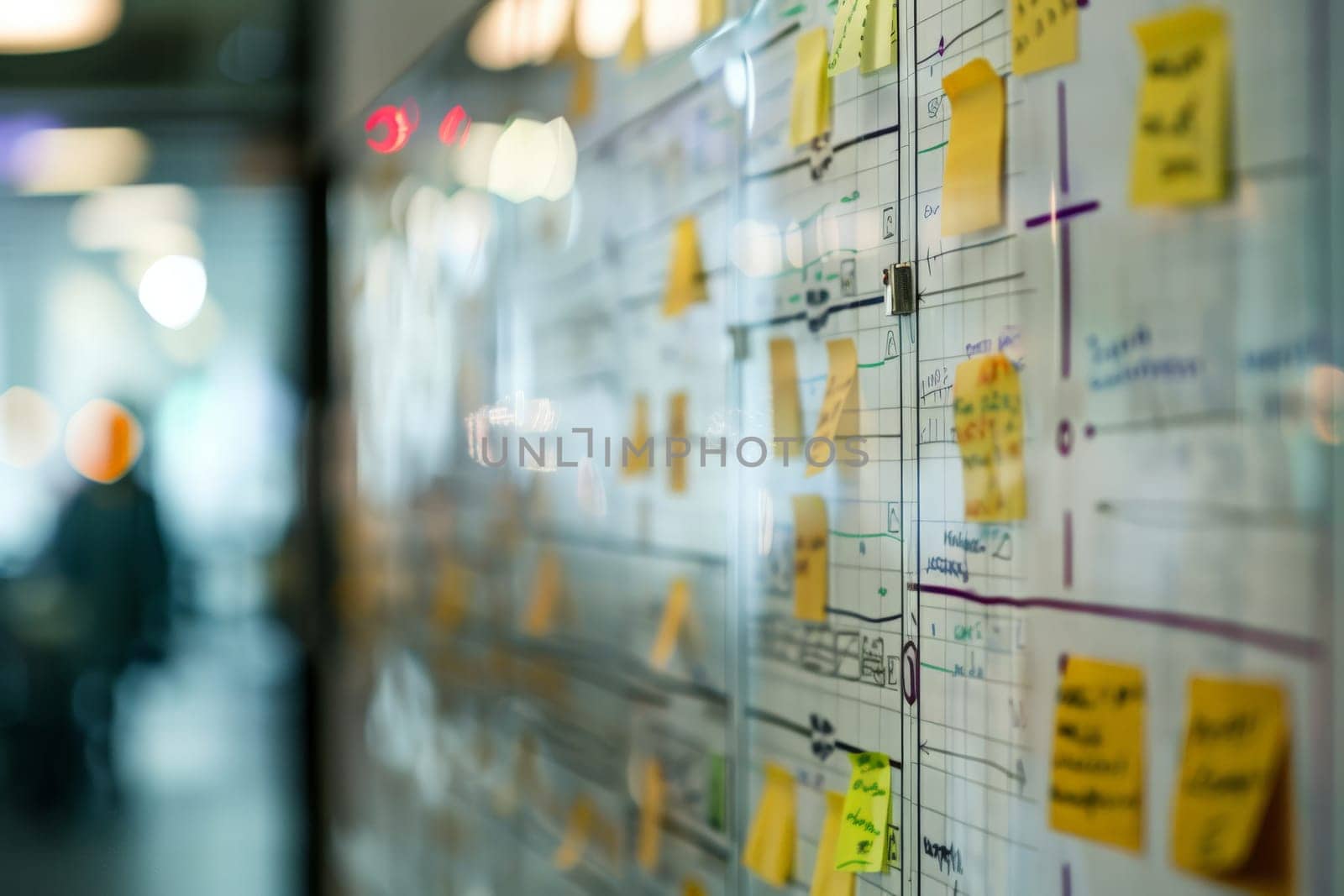 A wall adorned with vibrant sticky notes, creating a colorful collage of ideas and tasks in a creative workspace.