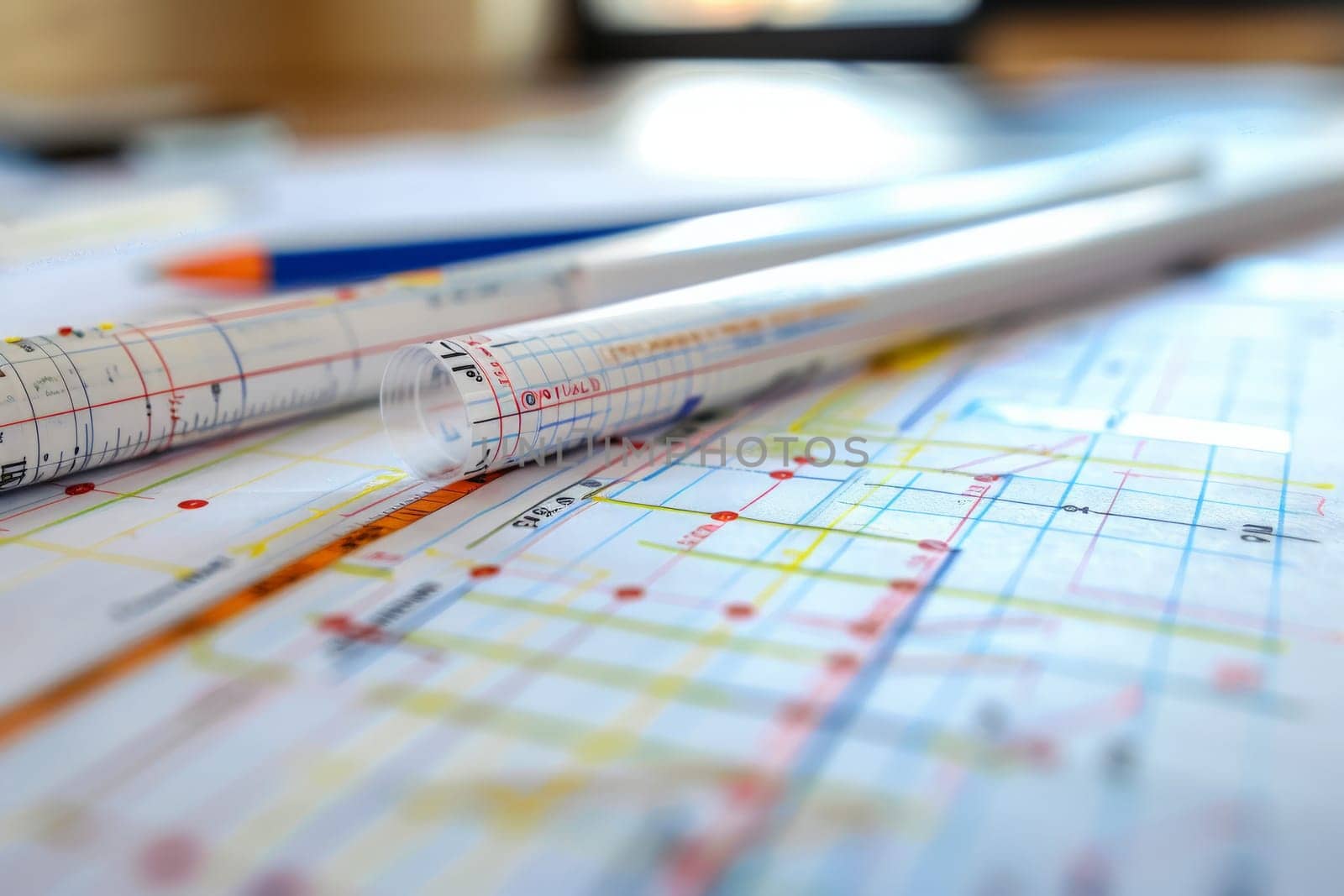 Close-up on detailed architectural plans with a background of project charts.