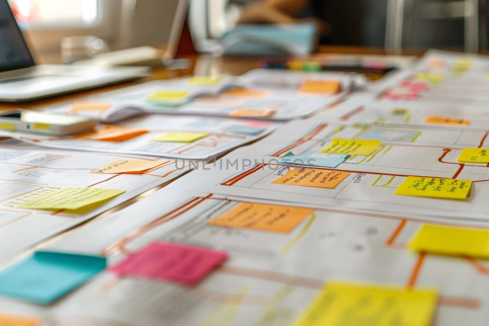 A table is covered with colorful sticky notes, each filled with ideas, along with a laptop open for brainstorming and planning.