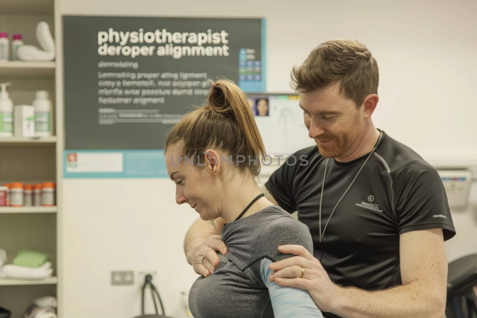 A focused therapist instructs on posture correction, ensuring the patients spinal health is a priority.