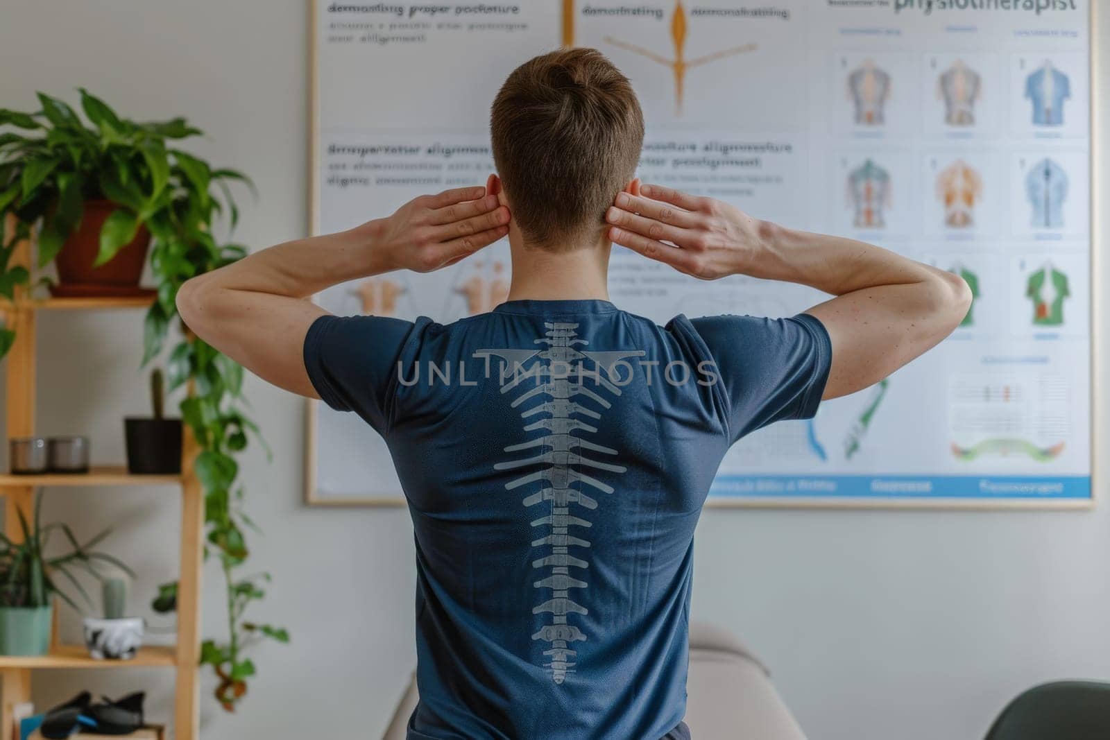 A man in a blue shirt showing signs of distress as he clasps his head with his hands in a posture demonstration by a physiotherapist.
