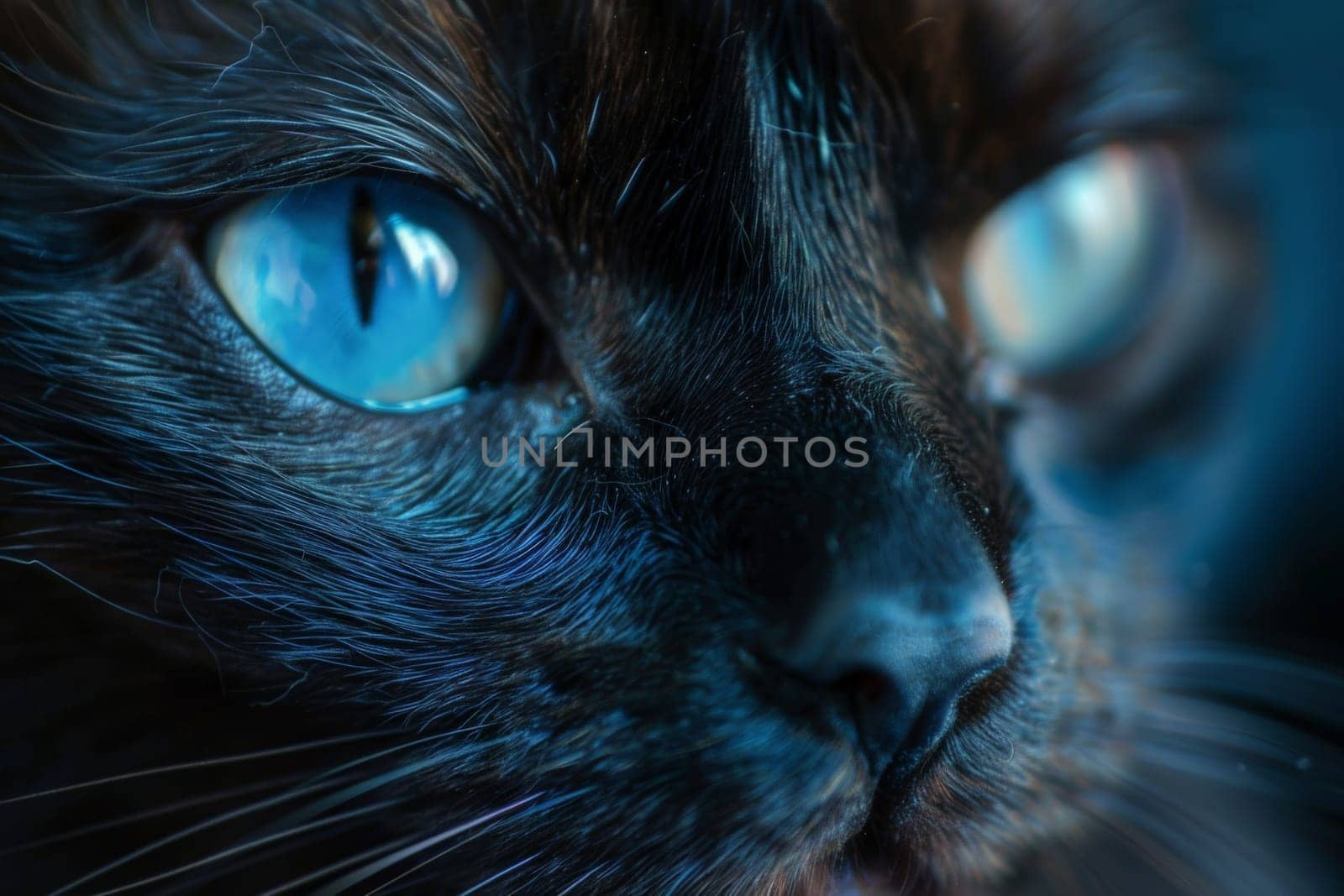 A stunning black cat with mesmerizing blue eyes captivates viewers with its mystical allure.