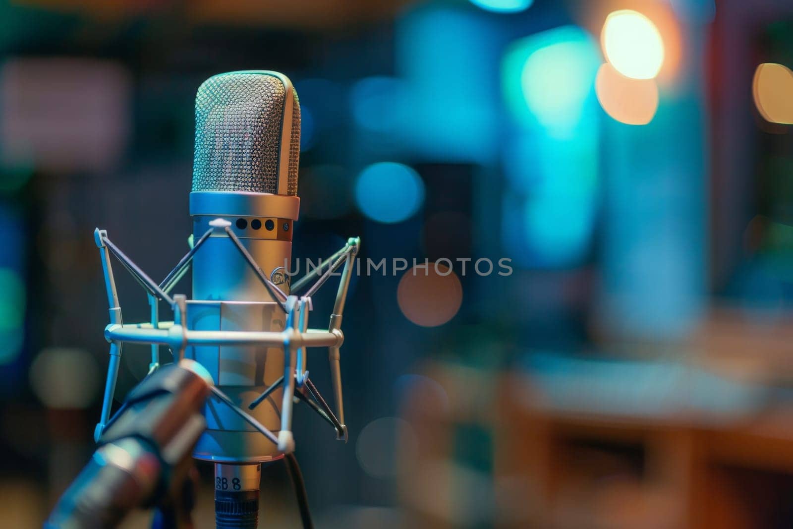 A sleek microphone stands ready in a vibrant recording studio, with blurred lights creating a dreamy atmosphere in the background.