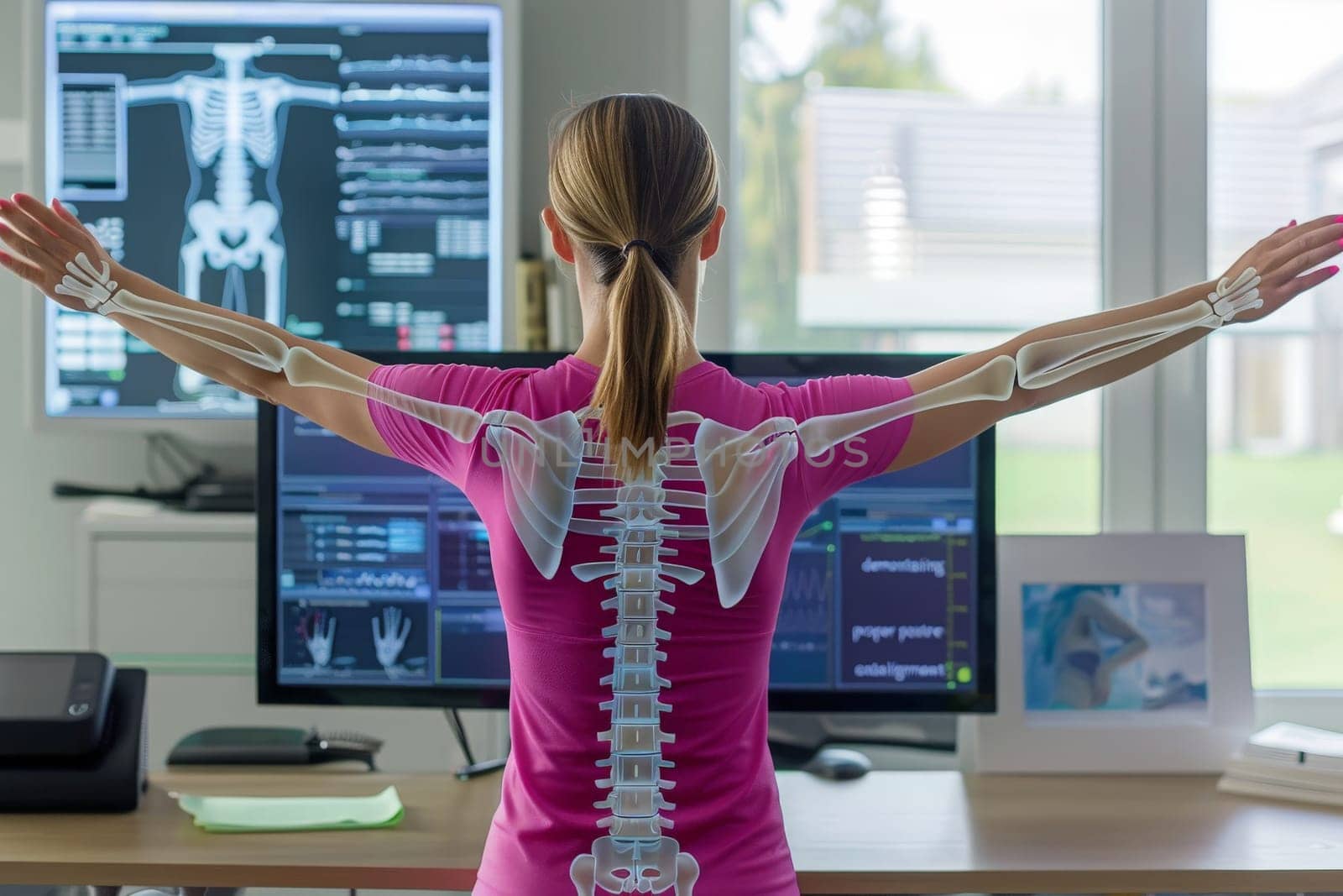 A physiotherapist demonstrates proper posture alignment in front of a computer, with arms outstretched.