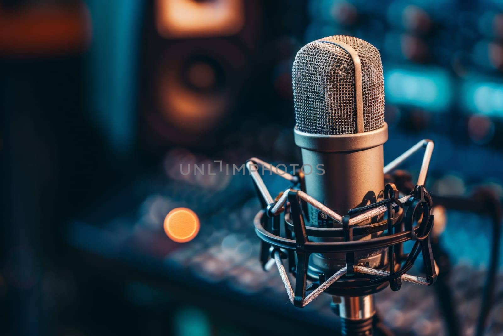A dynamic scene where a microphone stands poised in front of a sound board, ready to capture and mix the melodies of a performance.