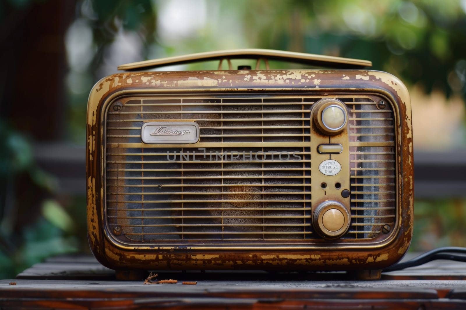 An antique radio softly emits nostalgic tunes on a rustic wooden table, evoking a sense of bygone eras and sentimental nostalgia.