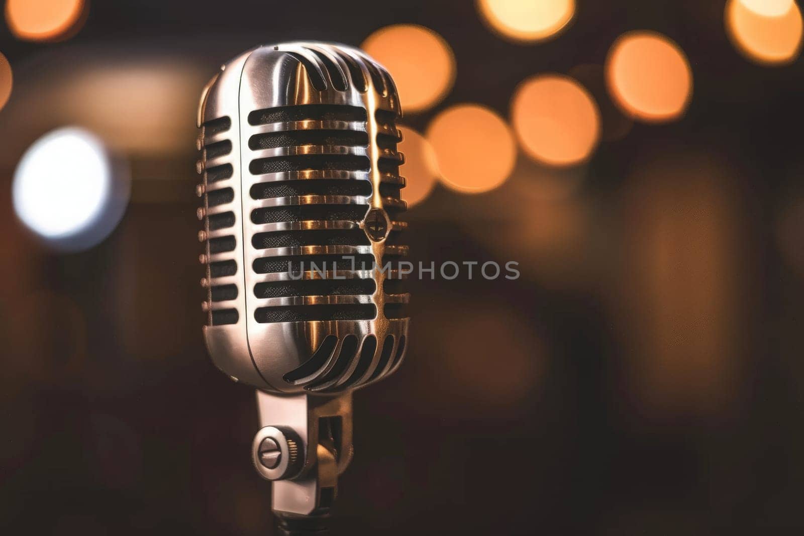 An antique microphone stands against a backdrop of colorful lights, creating a mesmerizing and nostalgic ambiance.