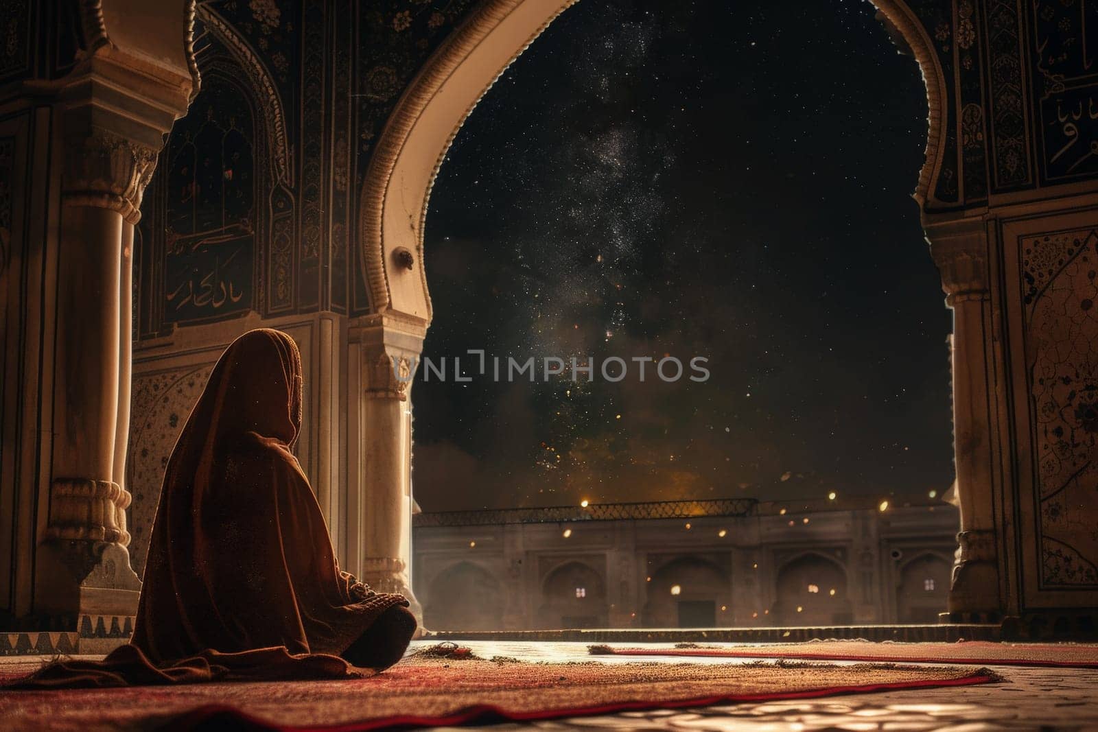 A solitary figure in prayerful meditation during Ramadan, enveloped by the tranquil ambience and celestial beauty of a starlit night.