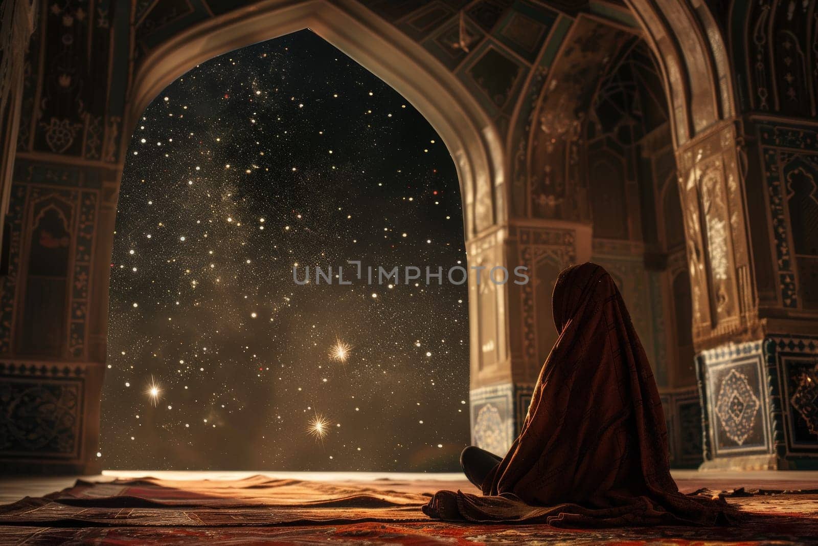 A contemplative individual meditates on a prayer rug in the serene ambiance of a grand mosque, beneath a celestial expanse.