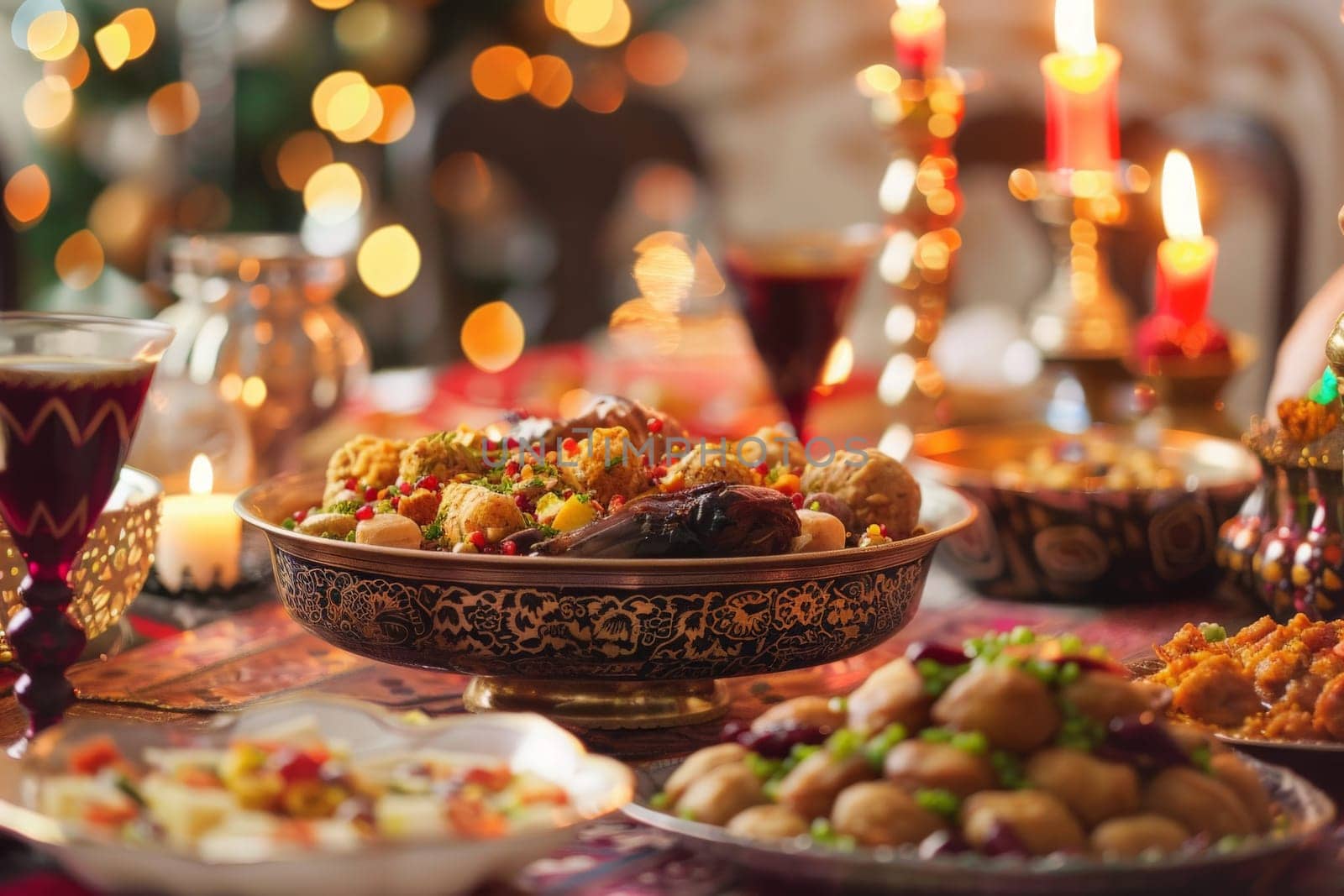 A lavish spread of traditional Ramadan dishes illuminated by candles and warm lights.