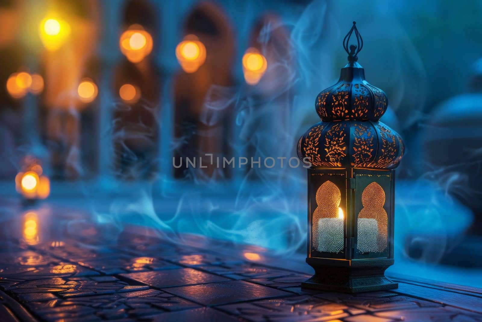 A lantern casts a warm glow on a serene Ramadan evening, its light dancing with the dusks blue hues.
