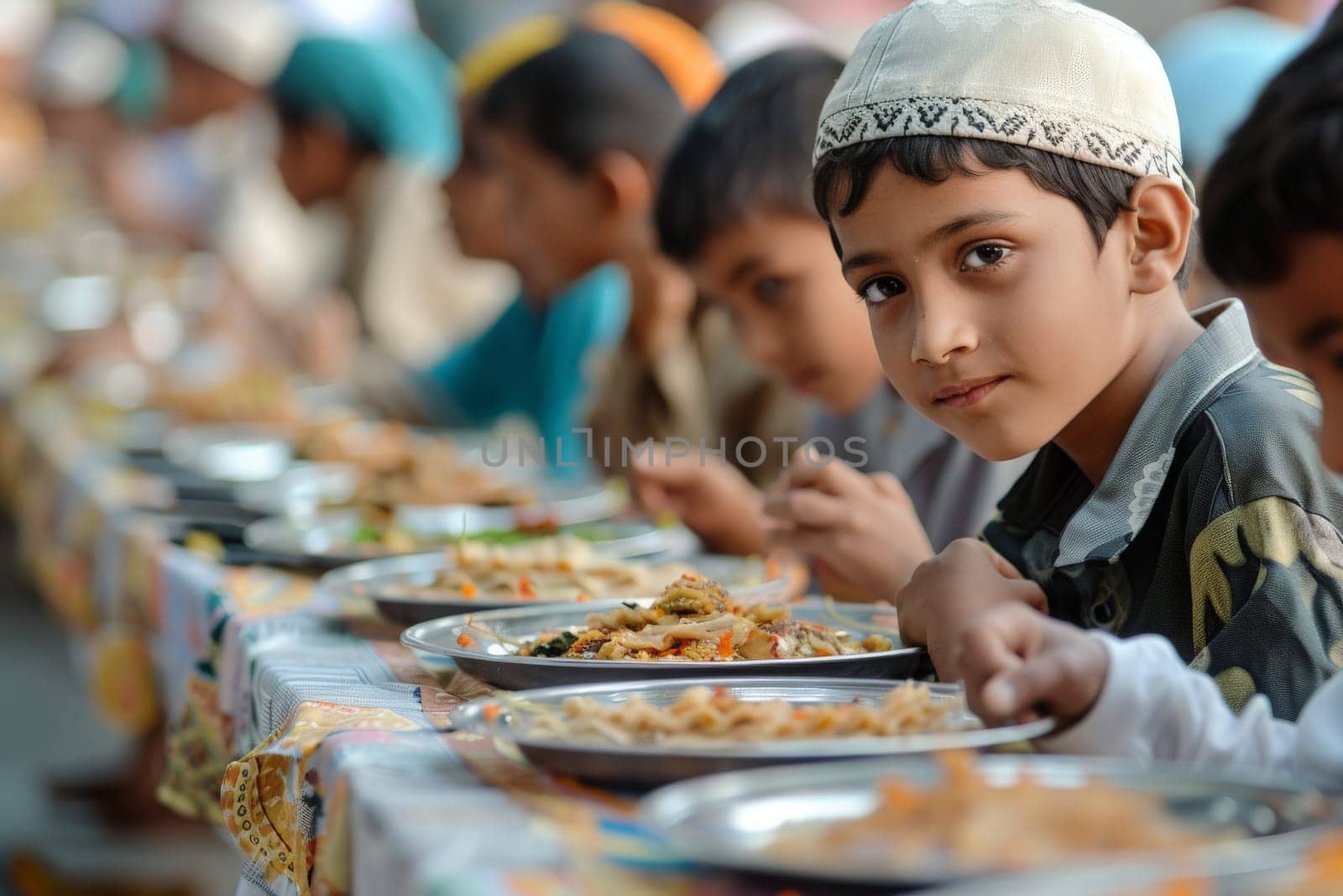 A child in a fez cap breaks fast with others, sharing a communal meal.