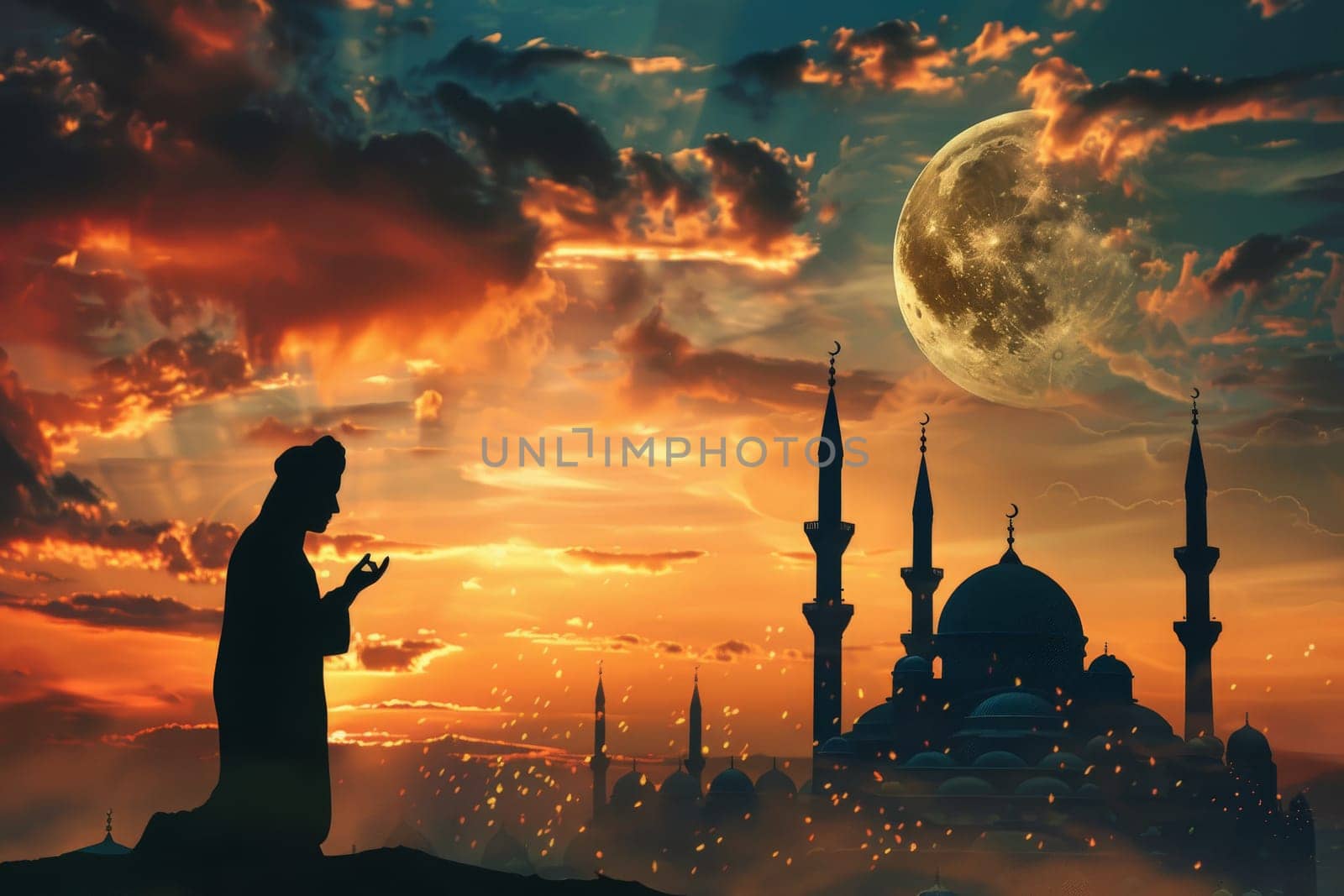 A silhouette of a woman praying beside a mosque with minarets against a backdrop of a giant moon and vibrant sunset.